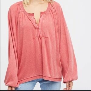 Free People Acadia raspberry Henley Top Oversized pullover Burnt out Shirt L